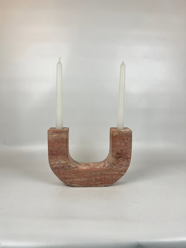 Double Headed Red Travertine Candle Stand