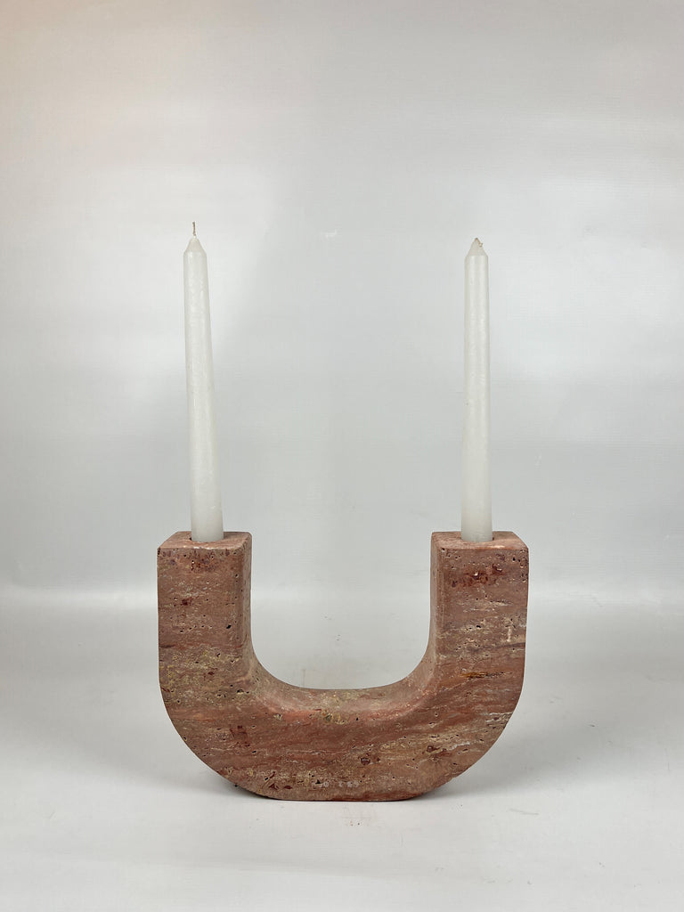 Double Headed Red Travertine Candle Stand