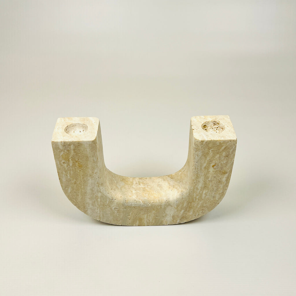 Double Headed Grazed Travertine Candle Stand