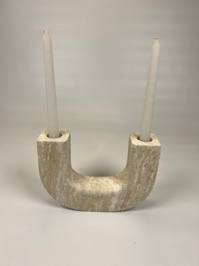 Double Headed Grazed Travertine Candle Stand