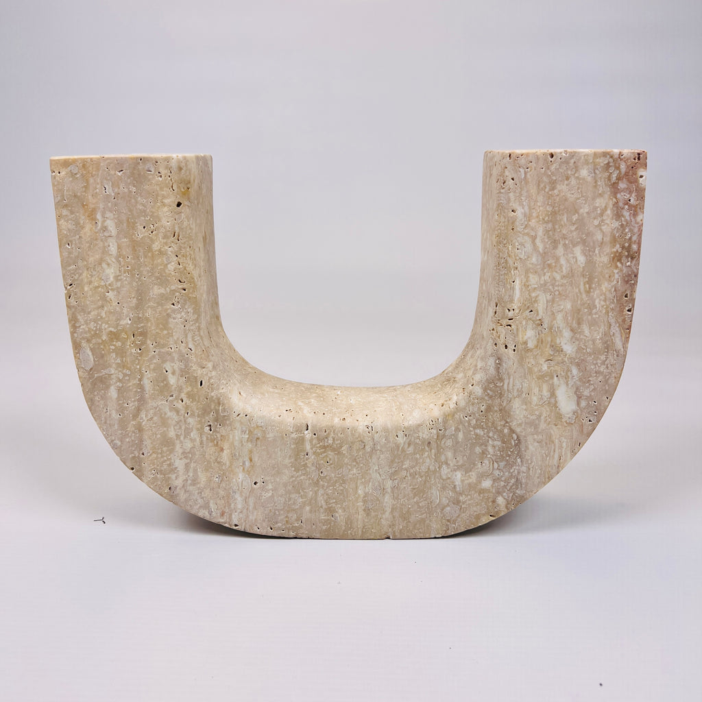 Double Headed Splotched Travertine Candle Stand