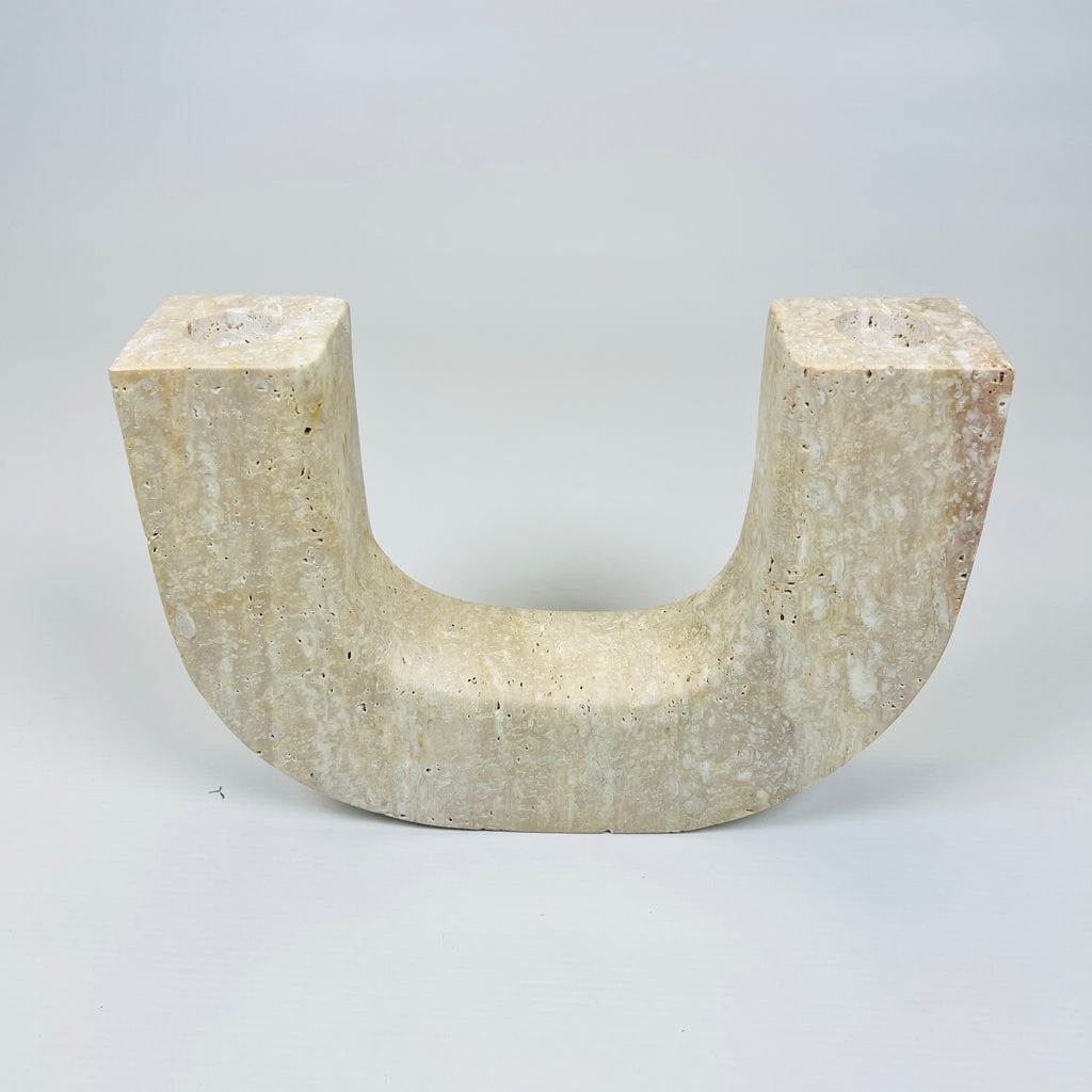 Double Headed Splotched Travertine Candle Stand