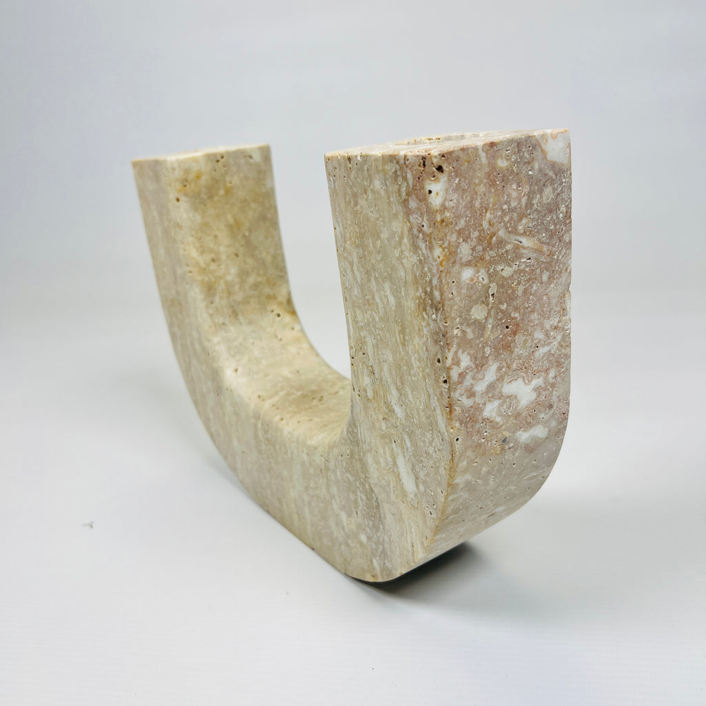 Double Headed Splotched Travertine Candle Stand