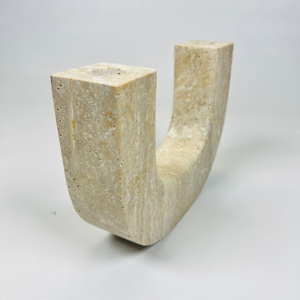 Double Headed Splotched Travertine Candle Stand