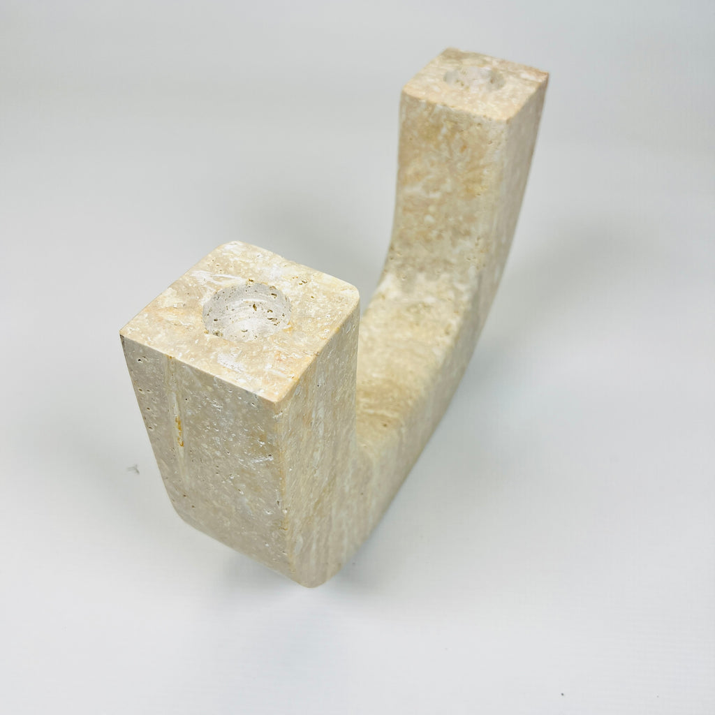 Double Headed Splotched Travertine Candle Stand