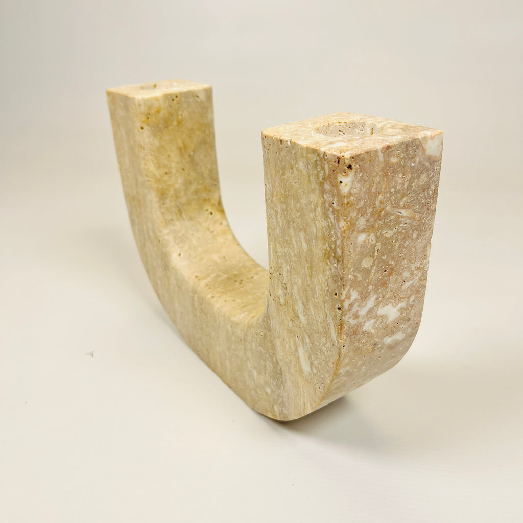 Double Headed Splotched Travertine Candle Stand