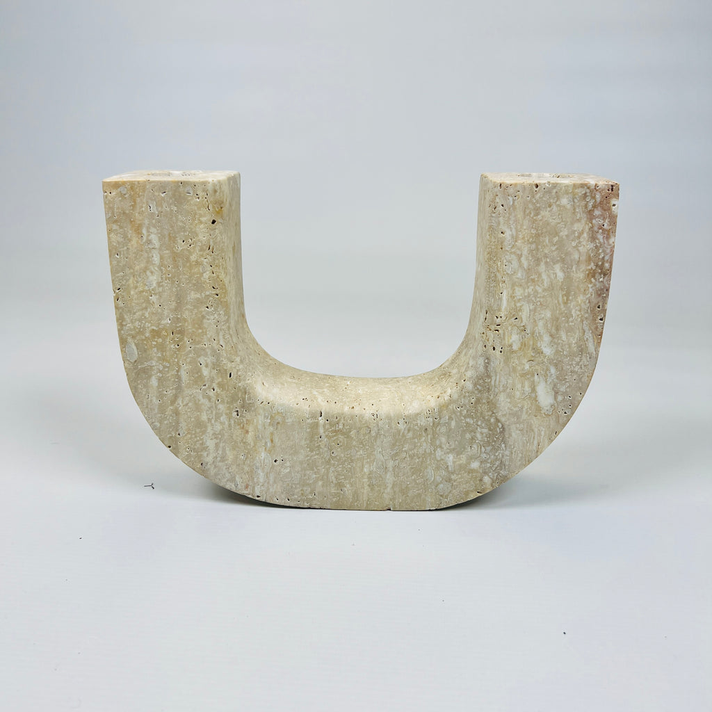 Double Headed Splotched Travertine Candle Stand