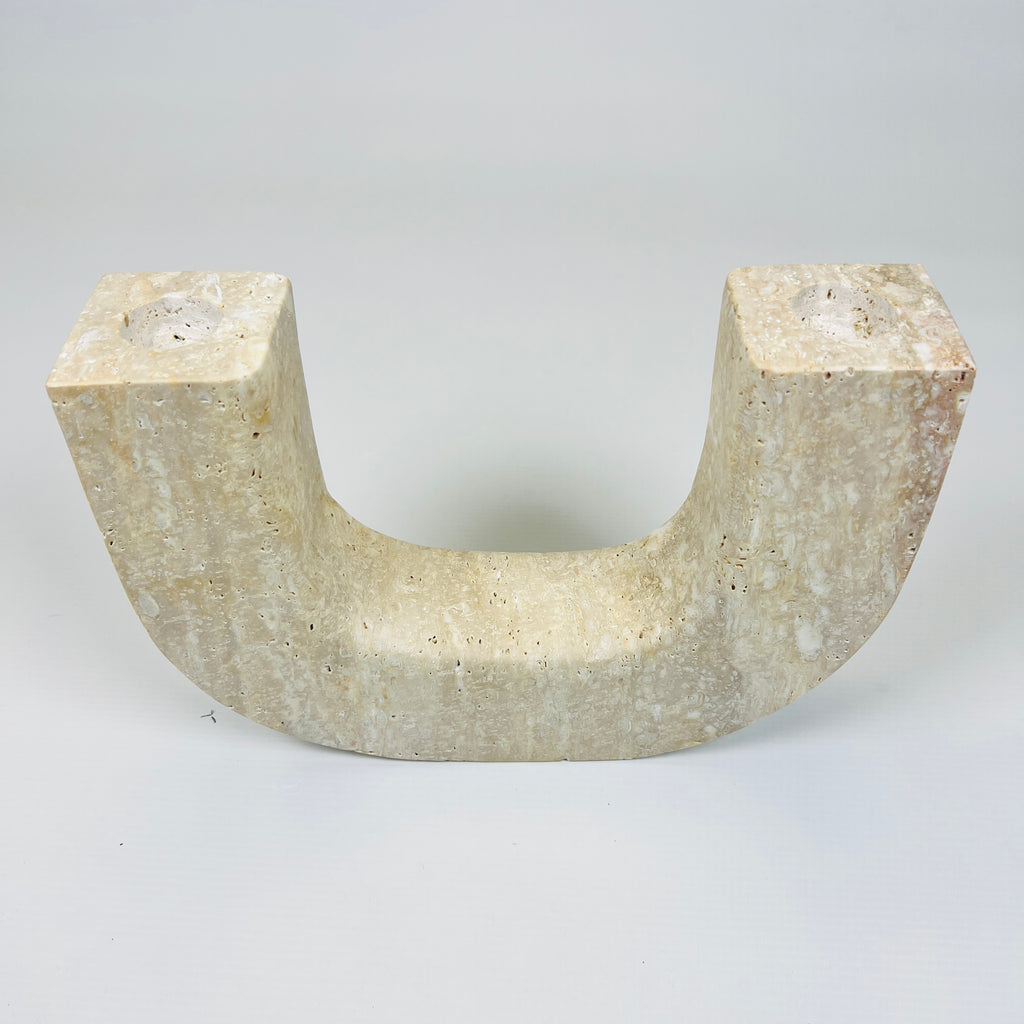 Double Headed Splotched Travertine Candle Stand