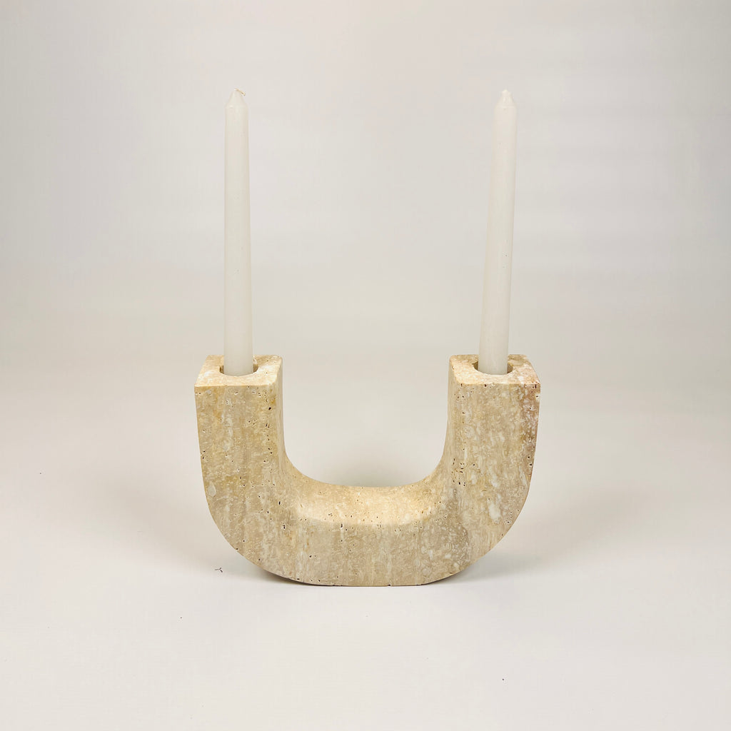 Double Headed Splotched Travertine Candle Stand