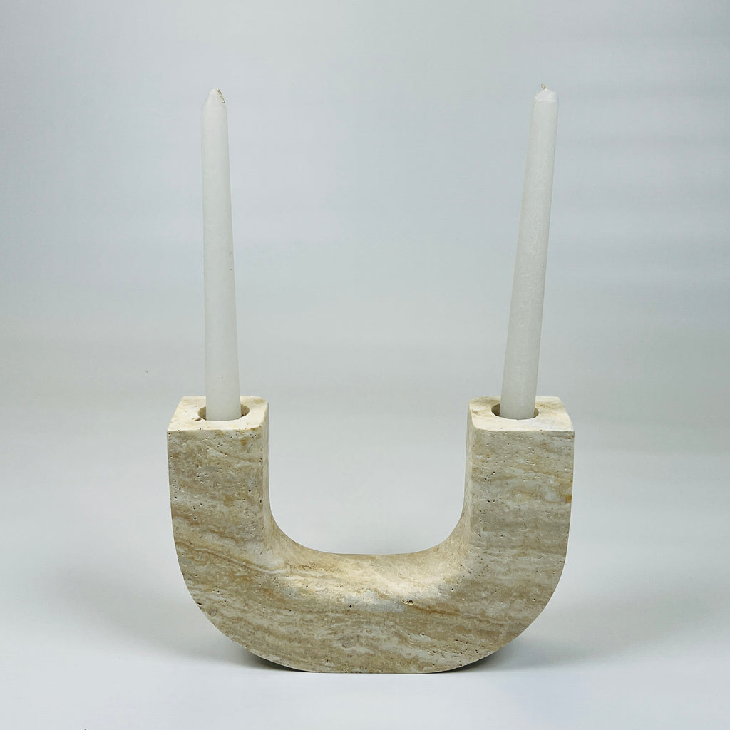 Double Headed Light Travertine Candle Stand