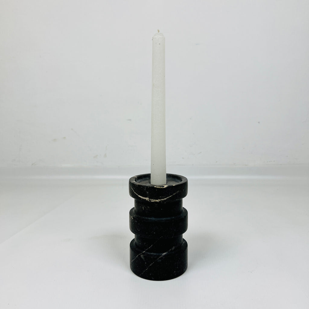 Banded Cylindrical Black Marble Candle Stand