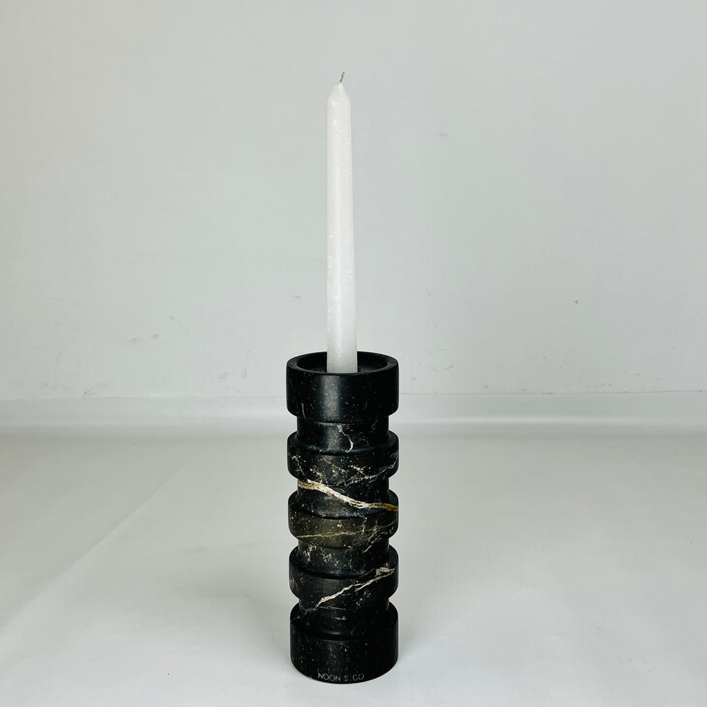 Banded Cylindrical Black Marble Candle Stand (long)