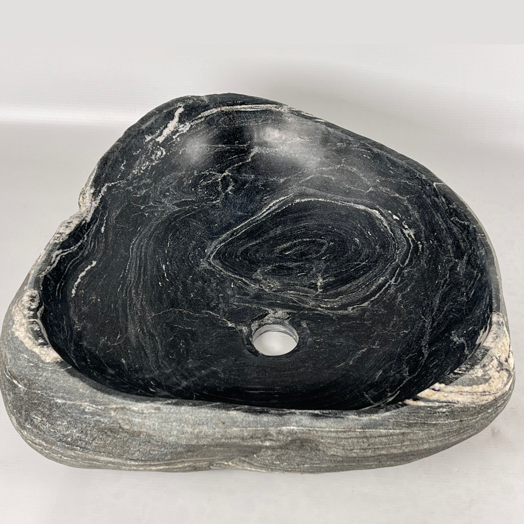 White Streaked Black River Stone Sink