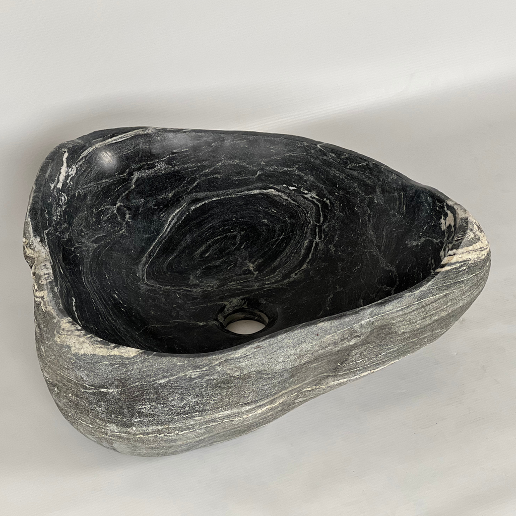 White Streaked Black River Stone Sink