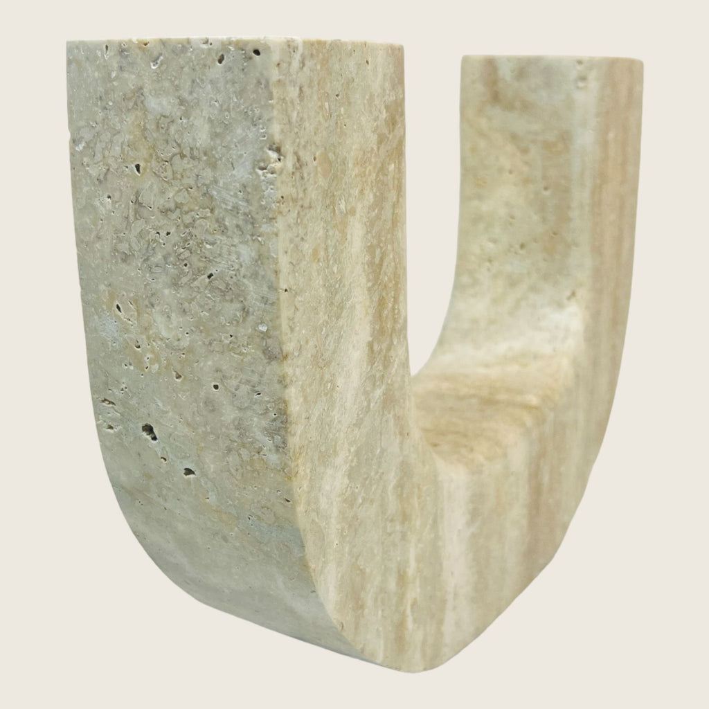 Double Headed Light Streaked Travertine Candle Stand