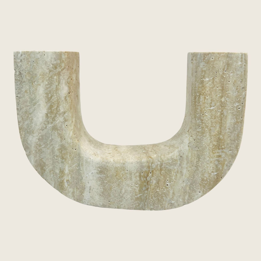 Double Headed Light Streaked Travertine Candle Stand