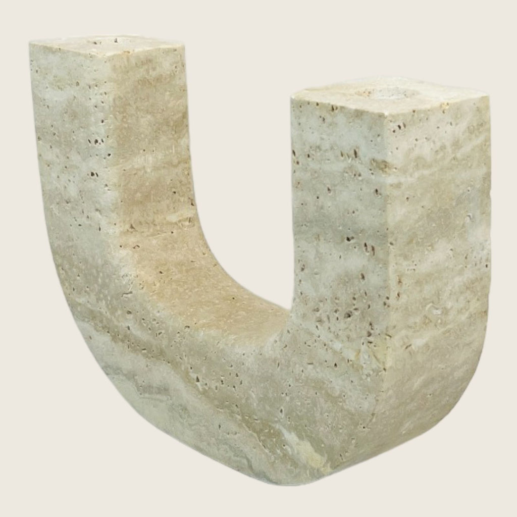 Double Headed Light Grazed Travertine Candle Stand