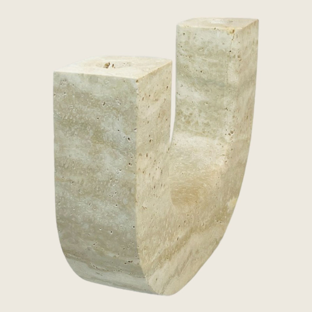 Double Headed Light Grazed Travertine Candle Stand